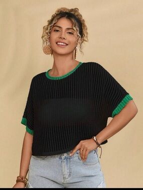 Black Knit Short-Sleeve Sweater with Green Trim